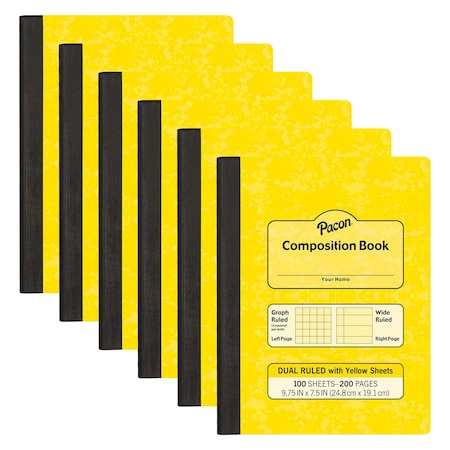 Pacon Dual Ruled Composition Book, Yellow, 1/4 in grid + Wide-Ruled, 9-3/4in. x 7-1/2in., 100 Sheets, 6PK PMMK37163